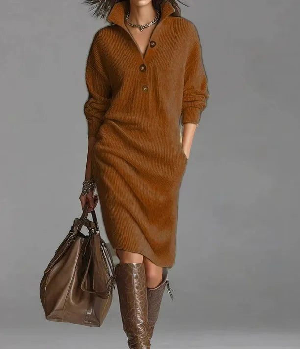 Robe pull côtelée à col boutonné Café