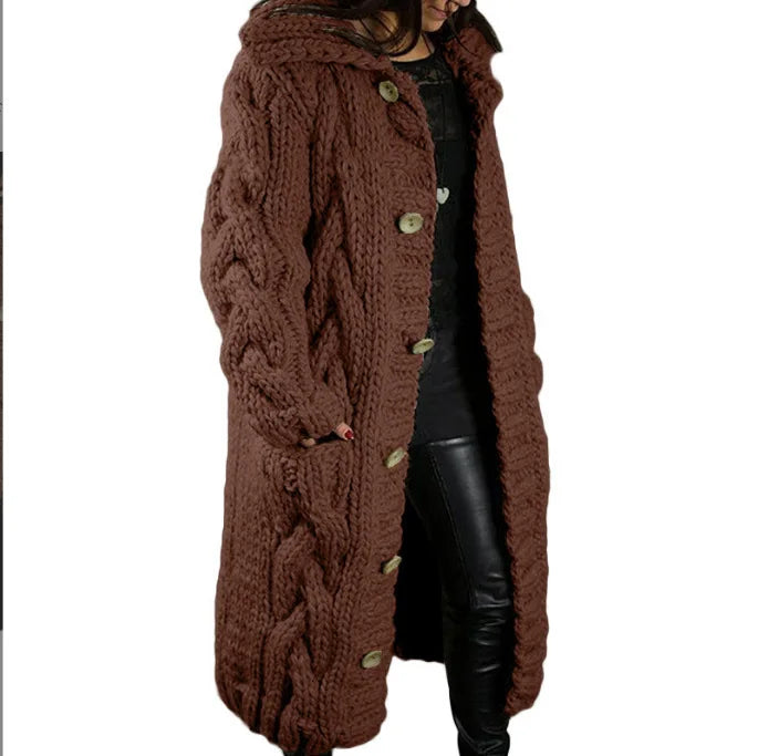 Gilet long à capuche en grosse maille torsadée Châtaigne